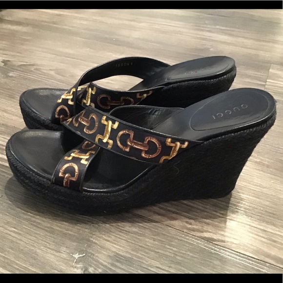 Gucci Bamboo Horsebit Pattern Black Wedges - 9 - Picture 3 of 7